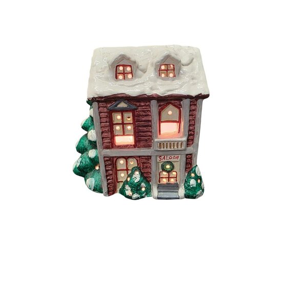Vintage Ceramic Holiday Saloon Light-Up Village House By Enesco - Picture 1 of 10